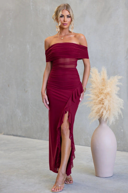 Ruffle Mesh Cutout Split Sheath Dress