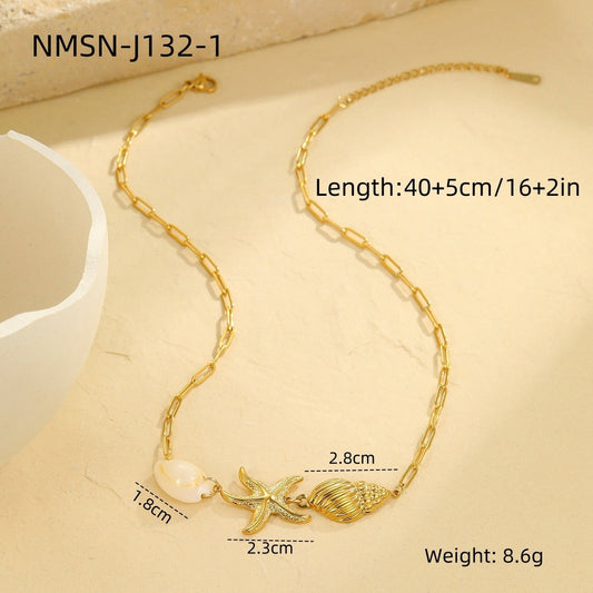 Ocean Starfish Shell Necklace & Pearl Bracelet Set