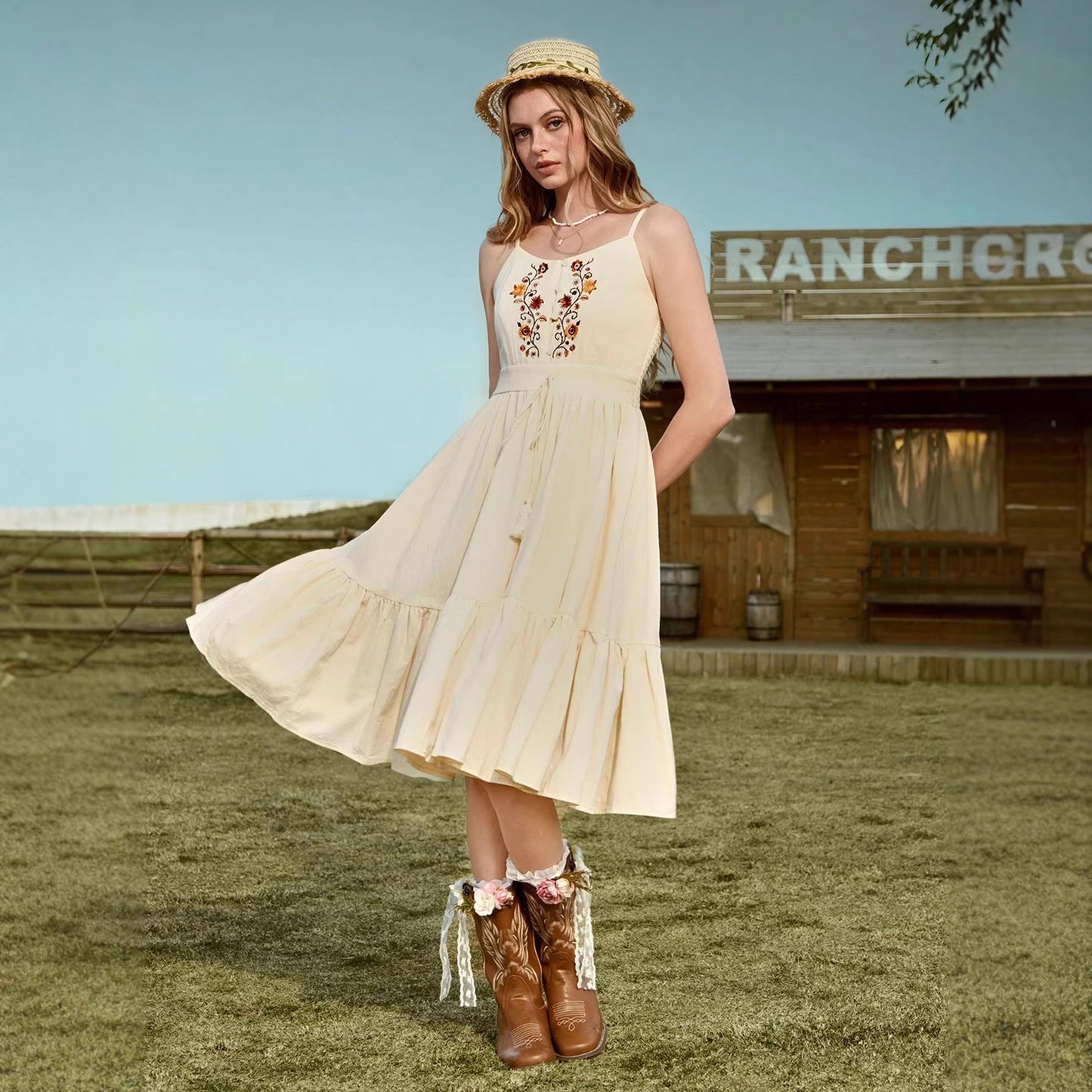 Off-Shoulder Ethnic Strap Vacation Seaside Dress