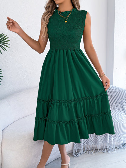 Smocked Waist-Tight Wooden Ear Large Swing Sleeveless Dress