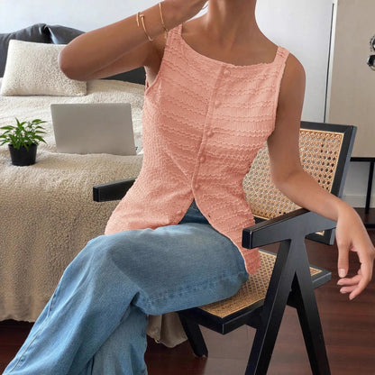 Single-Breasted Round Neck Sleeveless Slim Vest Top