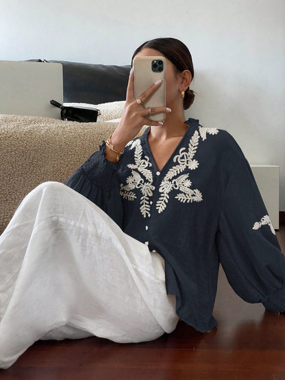 Pearl Button Embroidered Lantern Sleeve V-Neck Top