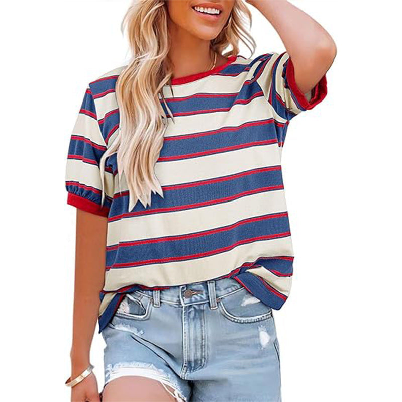 Color Contrast Striped Loose Round Neck Short Sleeve Tee