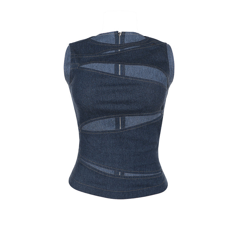 Cutout Zipper Denim-Look Crop Vest Top