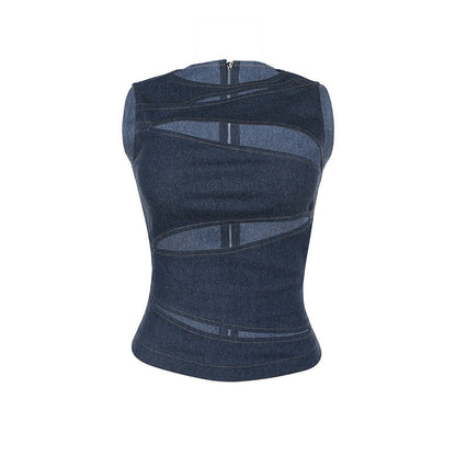 Cutout Zipper Denim-Look Crop Vest Top