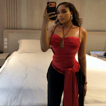 Pleated Thin Strap Halterneck Backless Wrap Top