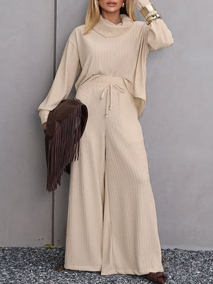 Polo Collar Turtleneck Wide Leg Two-Piece Casual Set