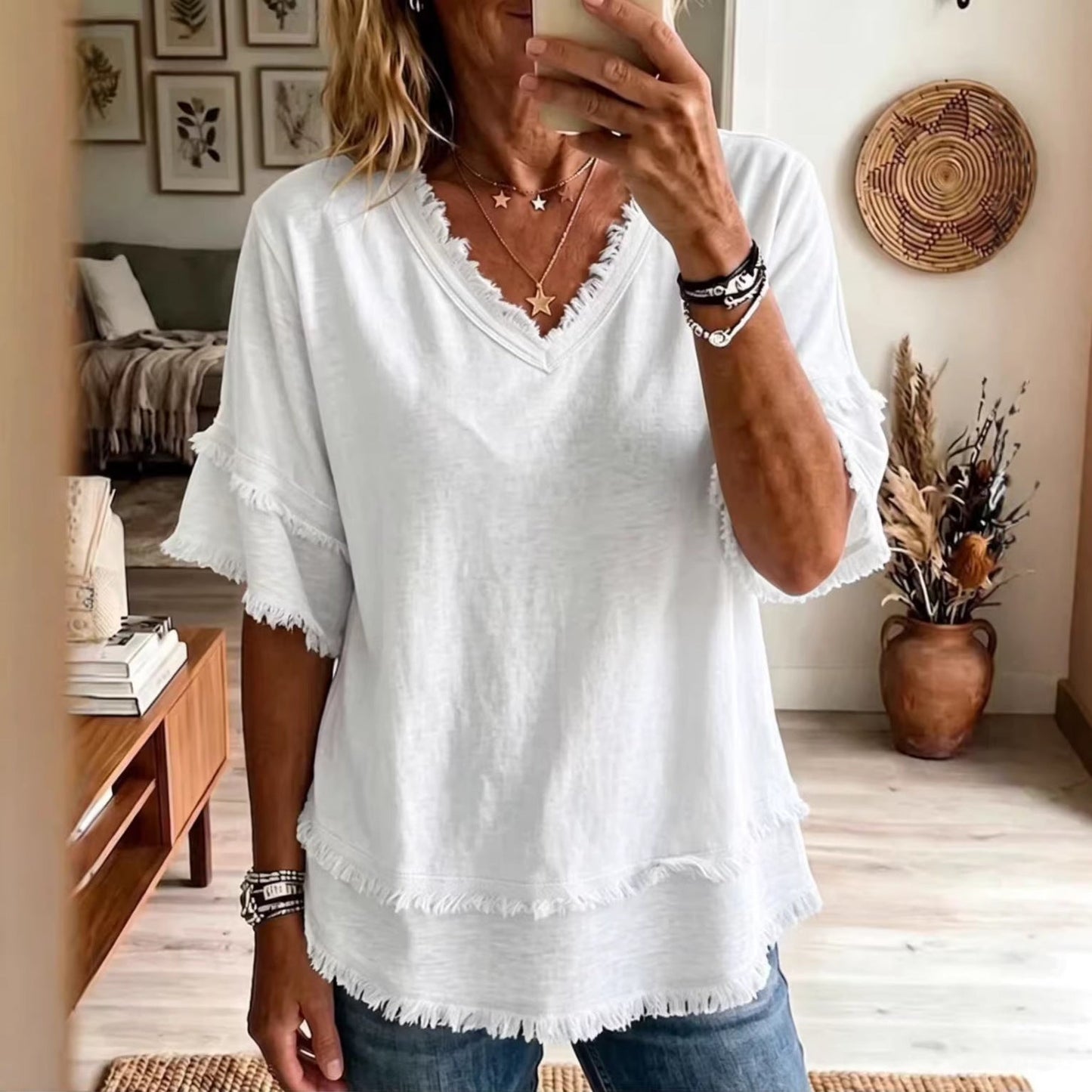 V-Neck Loose Short Sleeve Casual Pullover Top