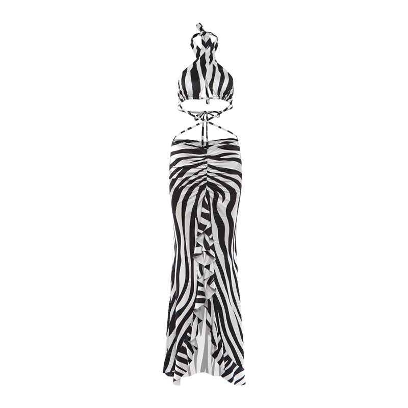 Backless Halter Bandage Split Fringe Maxi Dress