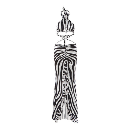 Backless Halter Bandage Split Fringe Maxi Dress