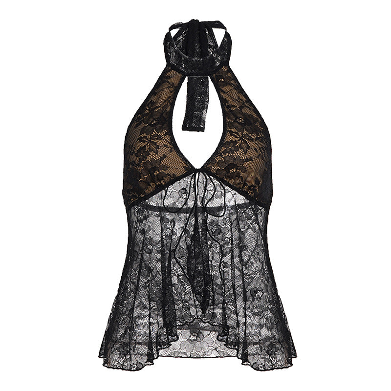 Lace Hollow-Out Mesh Lace-Up Backless Halter Vest Top