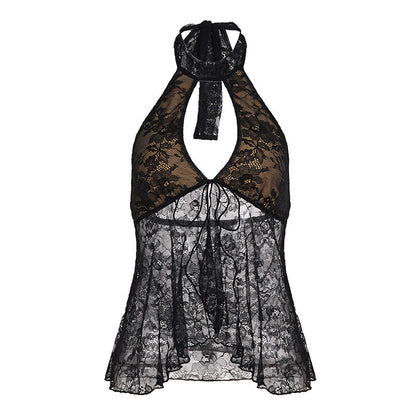 Lace Hollow-Out Mesh Lace-Up Backless Halter Vest Top