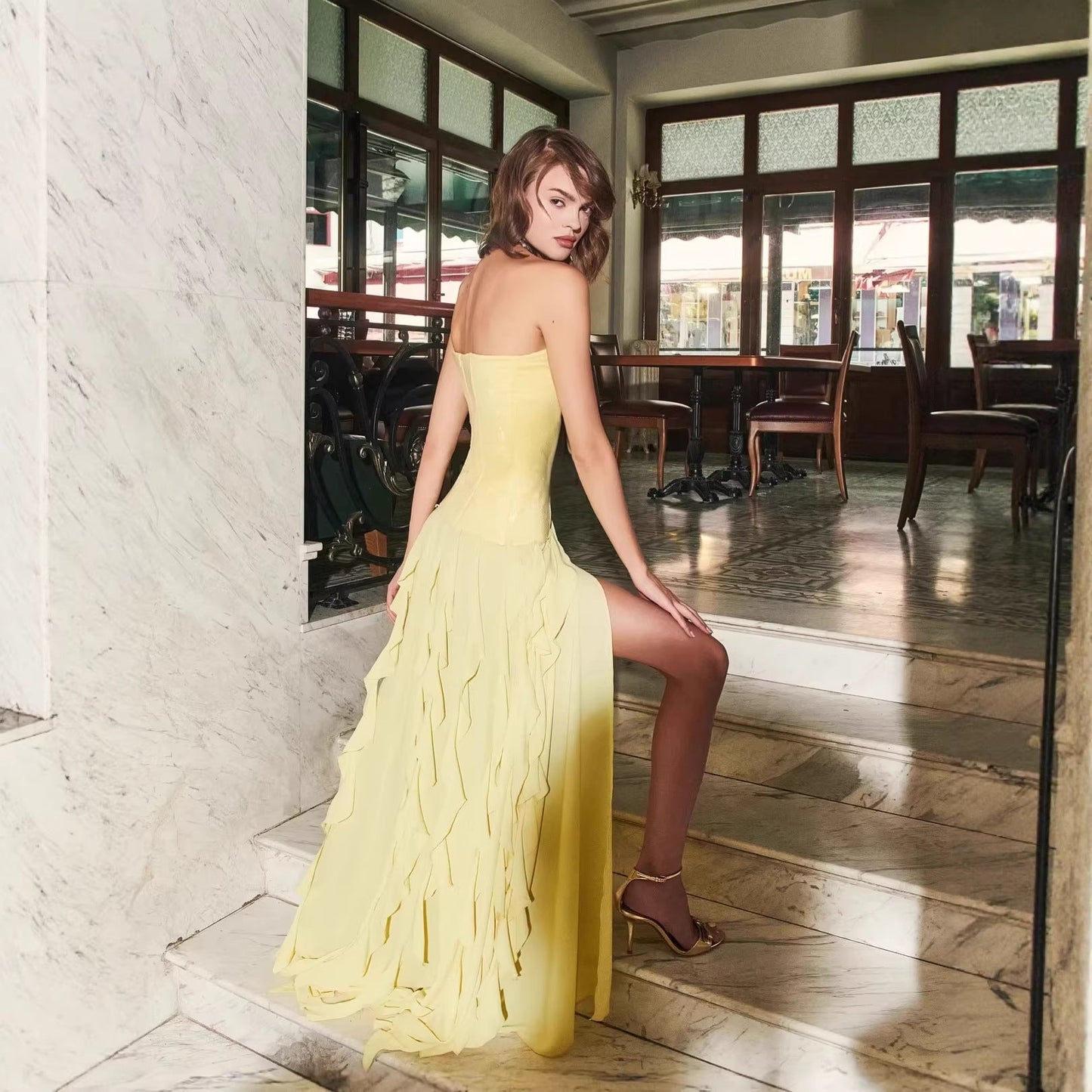 Sequin Ruffle Strapless Backless Formal Maxi Dress