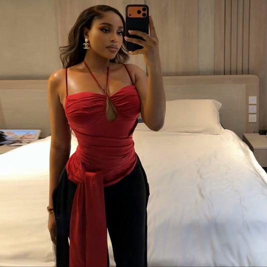 Pleated Thin Strap Halterneck Backless Wrap Top