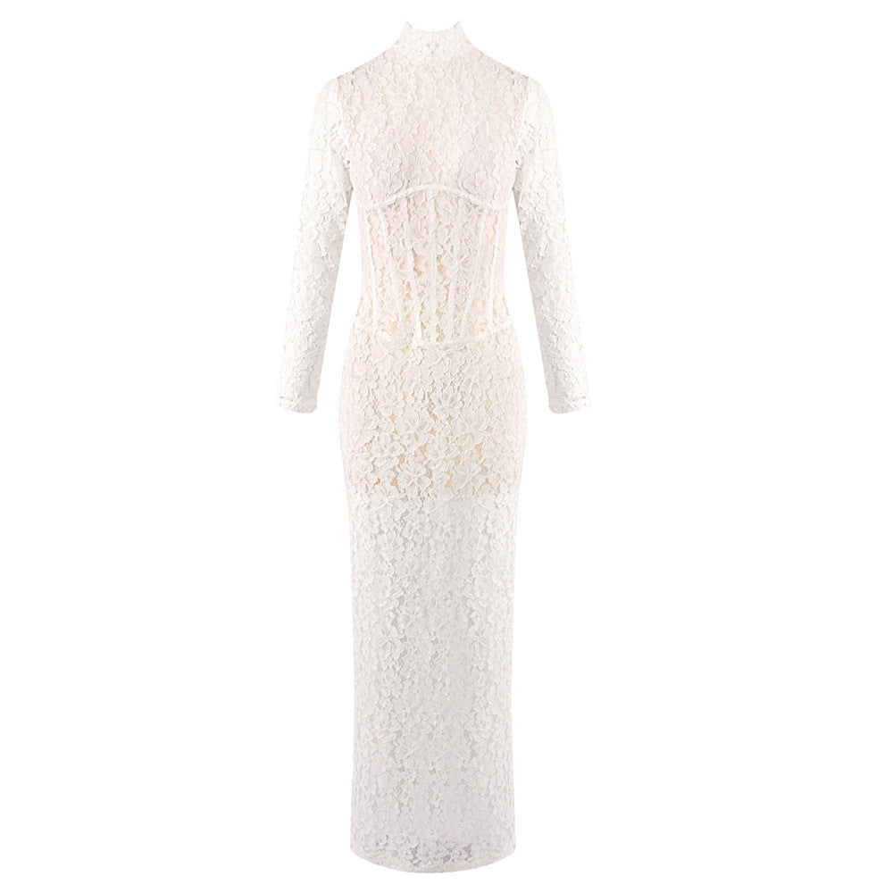 Hollow-Out Lace See-Through Slim Maxi Dress