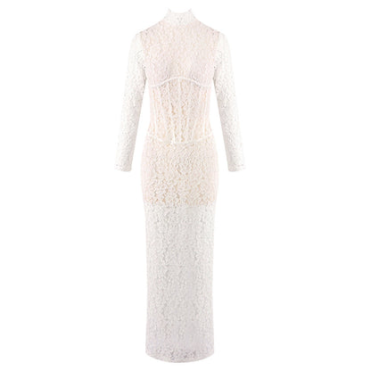 Hollow-Out Lace See-Through Slim Maxi Dress
