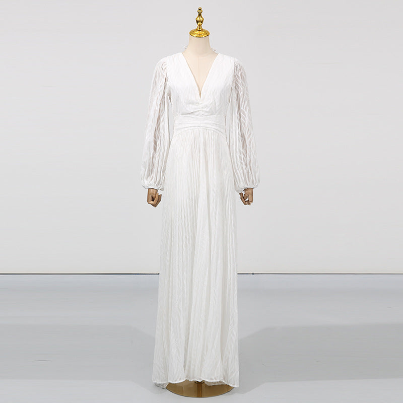 Deep V Lantern Sleeve Waist-Tight Pleated Maxi Dress