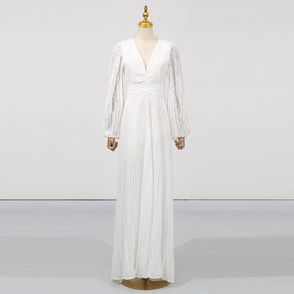 Deep V Lantern Sleeve Waist-Tight Pleated Maxi Dress