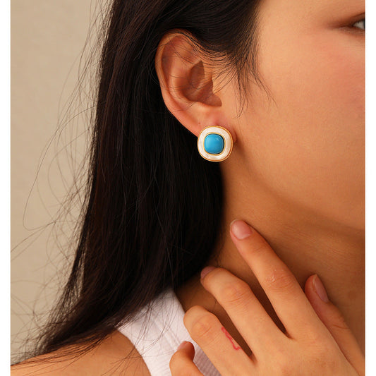 Square Natural Shell Turquoise Retro Stud Earrings