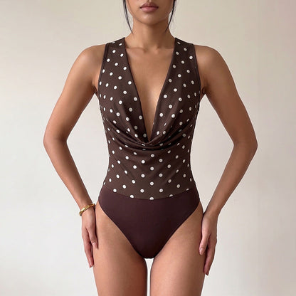 Retro Polka Dot Deep V Cowl Neck Sleeveless Bodysuit
