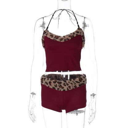 Leopard Lace-Up Slim Vest & Shorts Casual Set