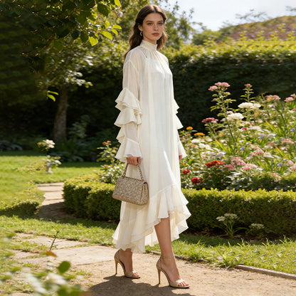 High Neck Ruffled Bell Sleeve Asymmetric Loose Maxi Dress