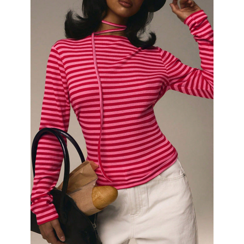 Striped Slim Stretch Scarf Crew Neck Long Sleeve Top