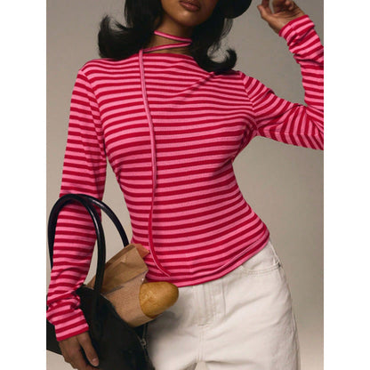 Striped Slim Stretch Scarf Crew Neck Long Sleeve Top