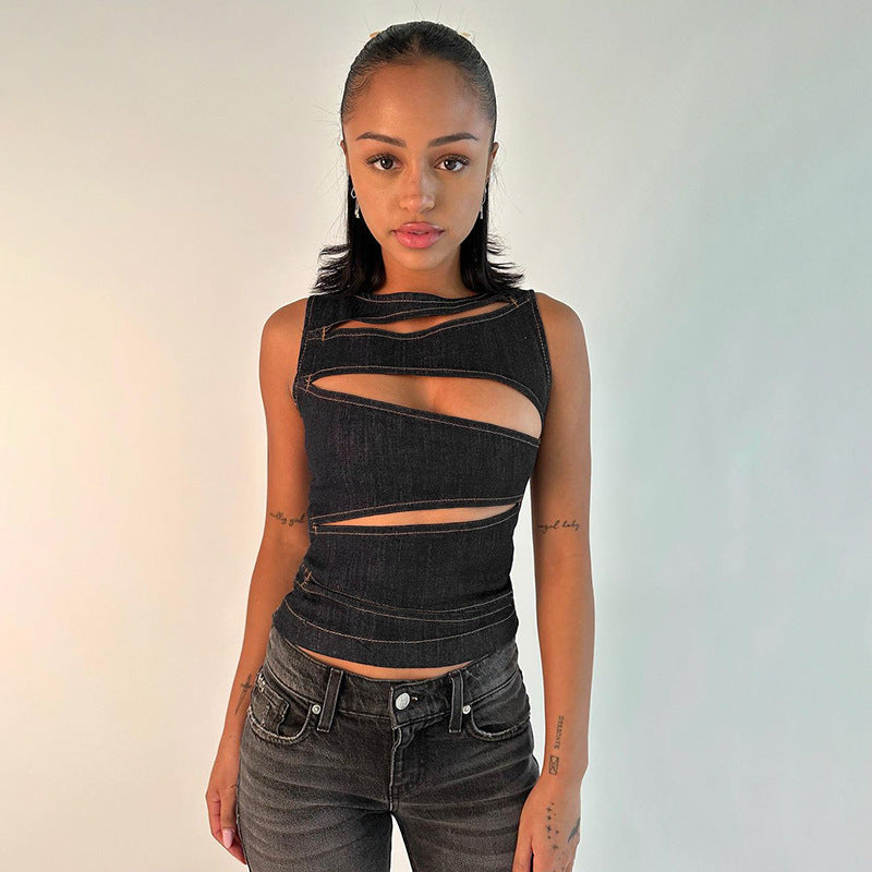 Cutout Zipper Denim-Look Crop Vest Top