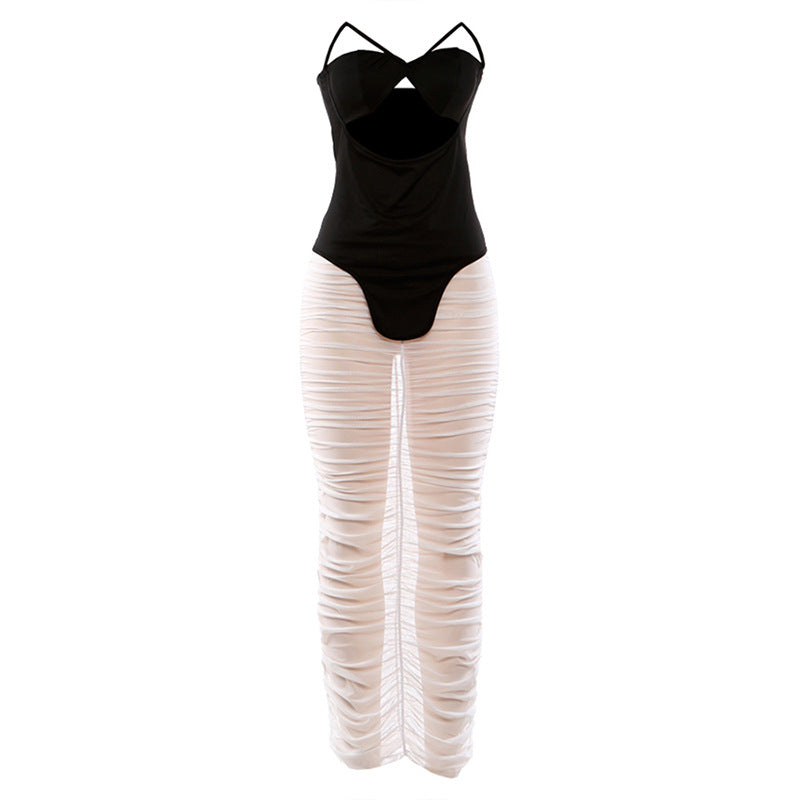 Tube Top Hollow-Out Top & Pleated Transparent Skirt Two-Piece Set