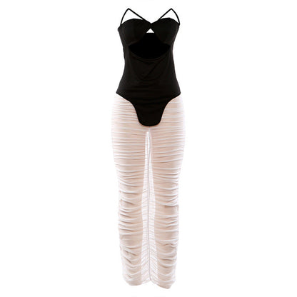 Tube Top Hollow-Out Top & Pleated Transparent Skirt Two-Piece Set