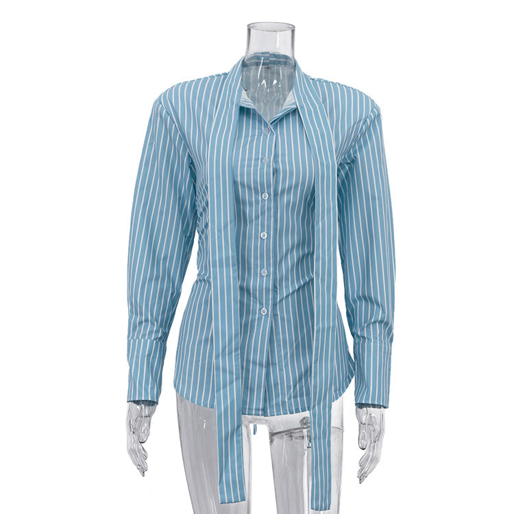 Striped Lace-Up Waist-Controlled Long Sleeve Cardigan Shirt