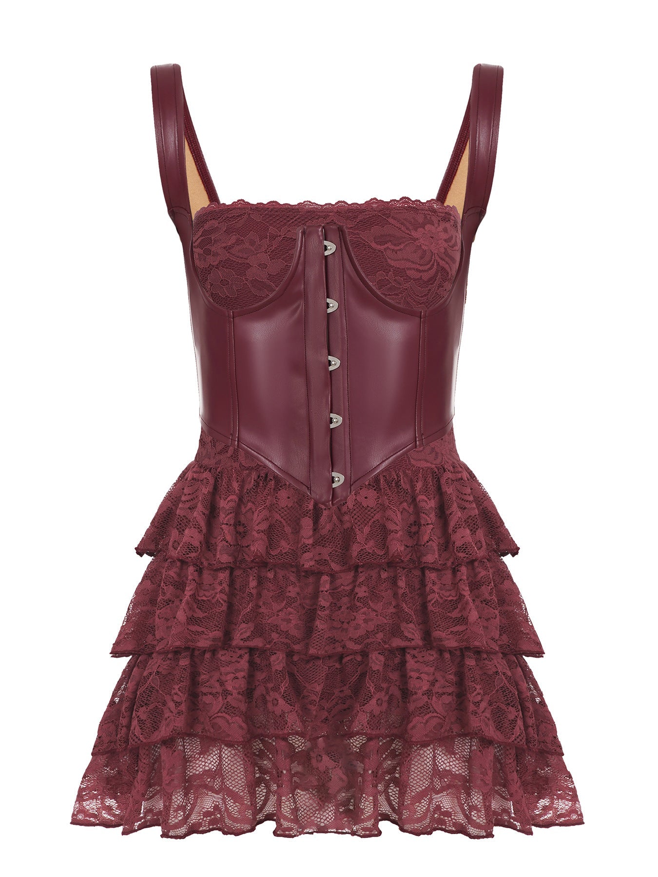 Leather Bra Strap Lace Stitching Puffy Tiered Dress Set