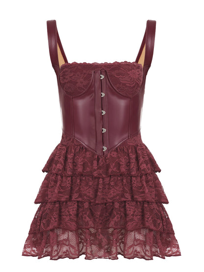 Leather Bra Strap Lace Stitching Puffy Tiered Dress Set