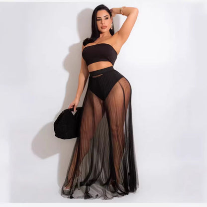 Mesh Pleated Wrap Chest Swimsuit Three-Piece Set