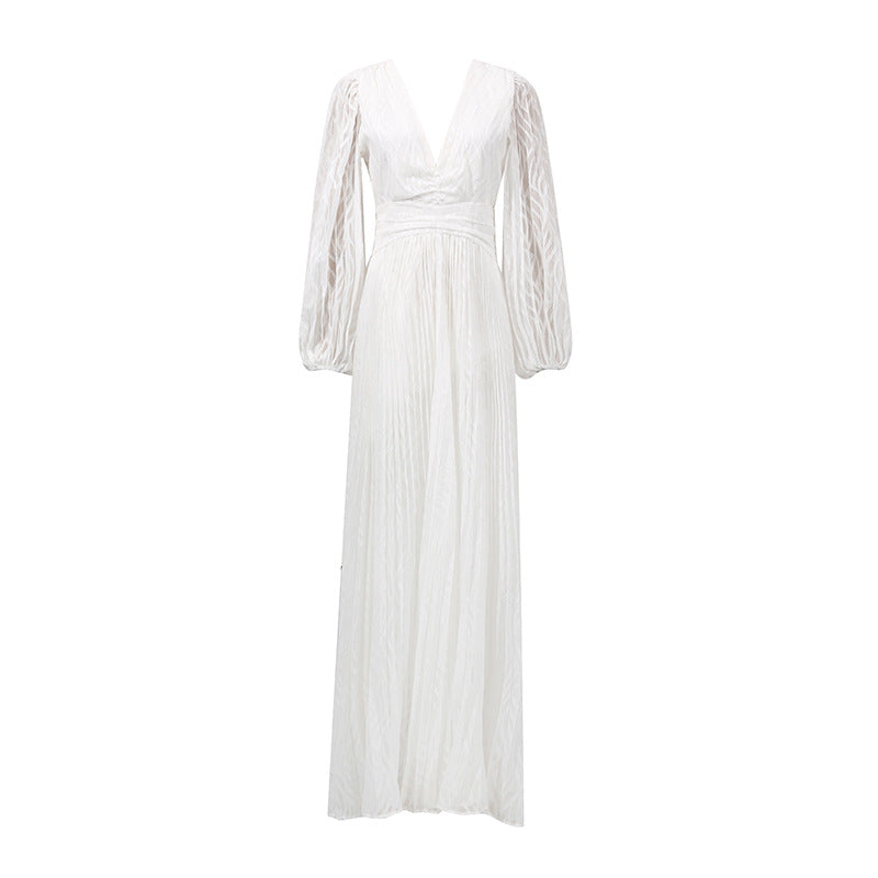 Deep V Lantern Sleeve Waist-Tight Pleated Maxi Dress