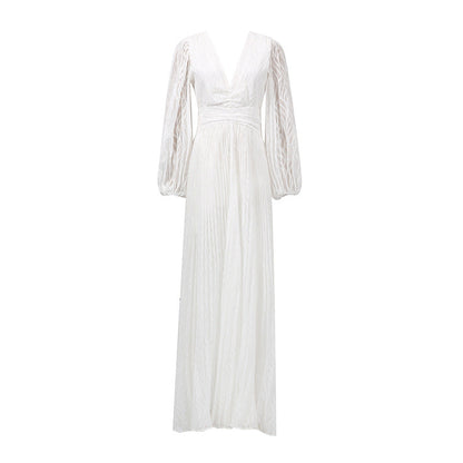 Deep V Lantern Sleeve Waist-Tight Pleated Maxi Dress