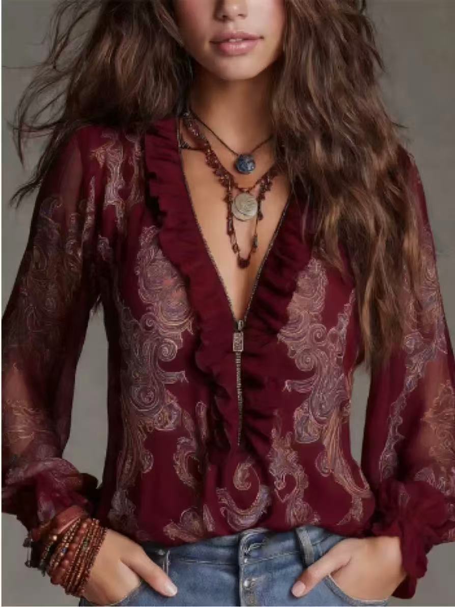 Boho Deep V Paisley Ruffle Chiffon Shirt