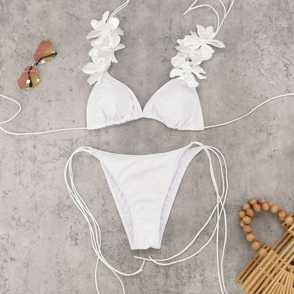 Lace-Up Solid Color Three-Point Split Bikini Swimsuit