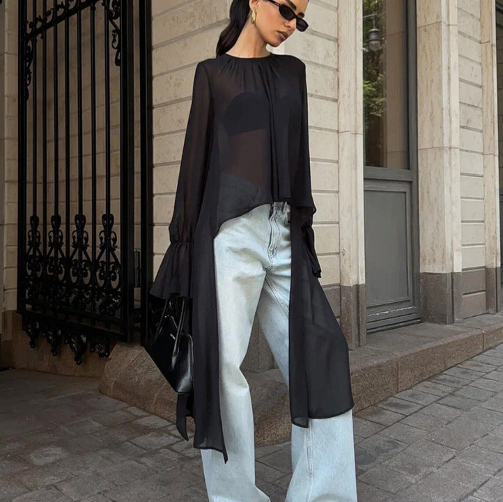 Mesh Ruffle Asymmetric Long Sleeve Chiffon Top