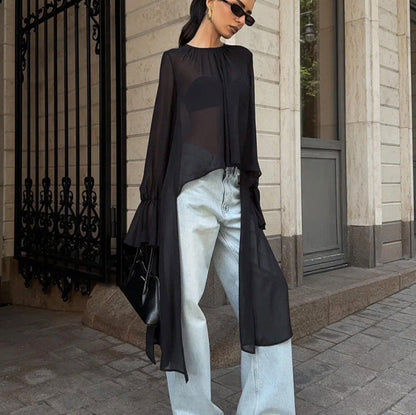 Mesh Ruffle Asymmetric Long Sleeve Chiffon Top