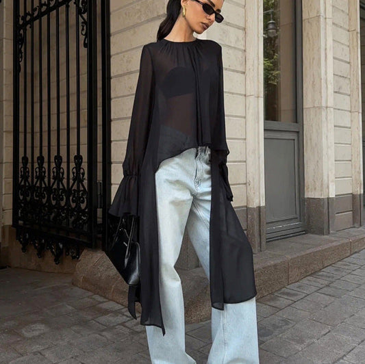 Mesh Ruffle Asymmetric Long Sleeve Chiffon Top