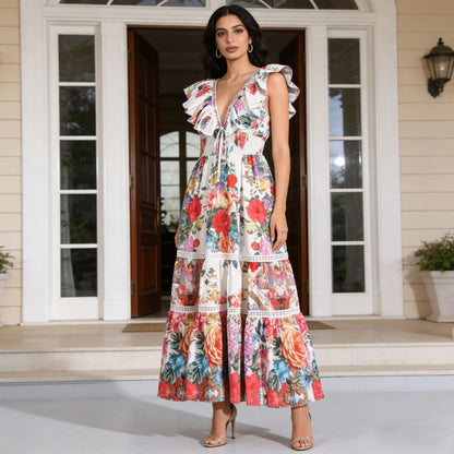 Deep V Ruffled Sleeve Printed Waist-Slimming Maxi Dress