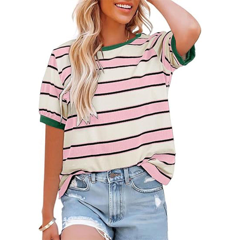 Color Contrast Striped Loose Round Neck Short Sleeve Tee