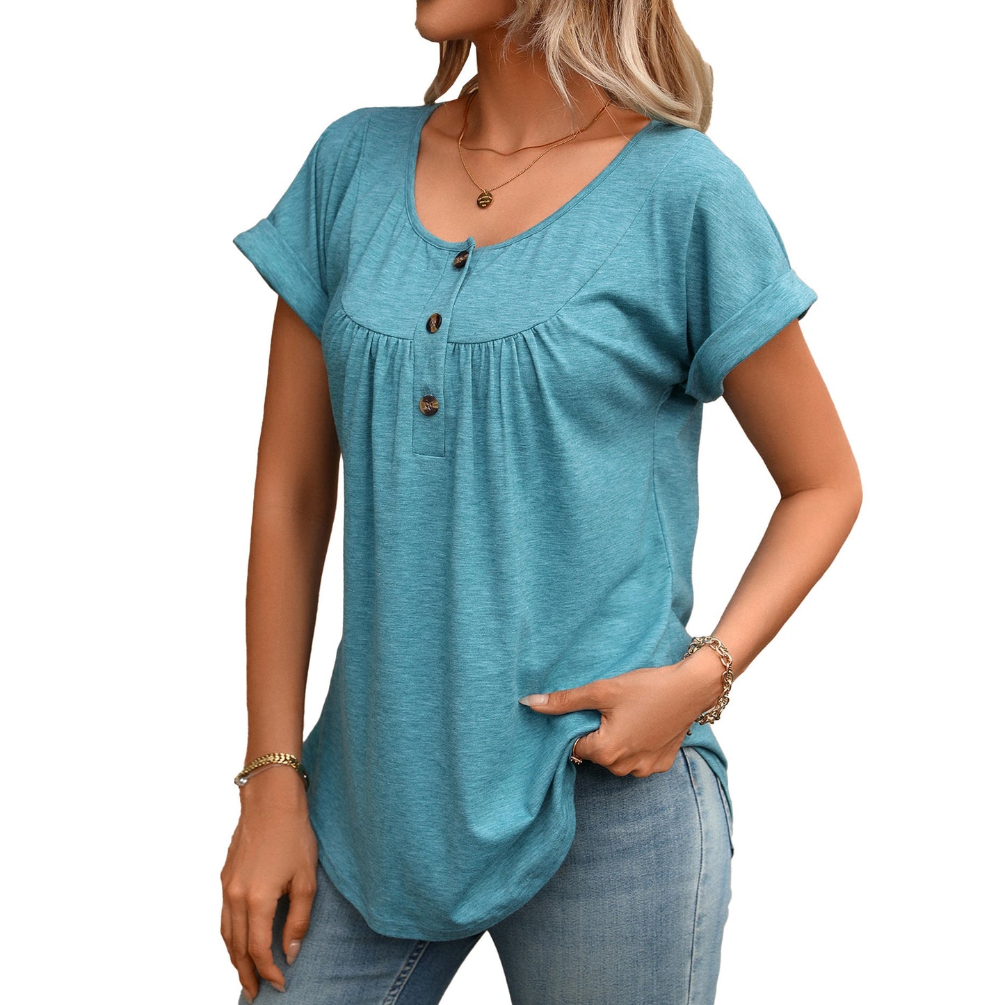 Solid Round Neck Button Loose Short Sleeve Tee
