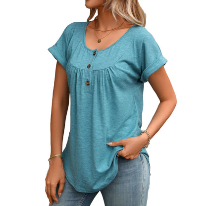 Solid Round Neck Button Loose Short Sleeve Tee