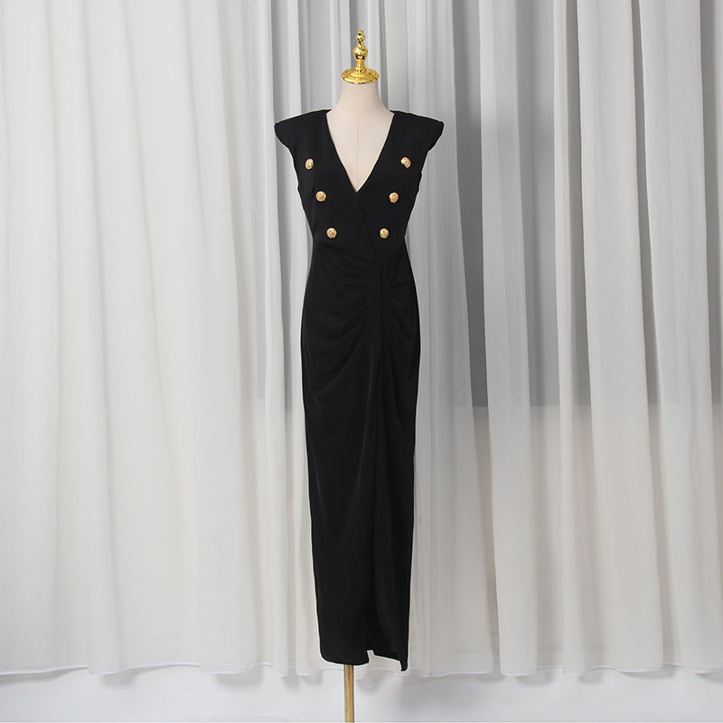 V-Neck Sleeveless Metal Accent Waist-Tight Split Dress