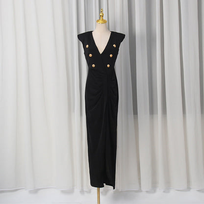 V-Neck Sleeveless Metal Accent Waist-Tight Split Dress