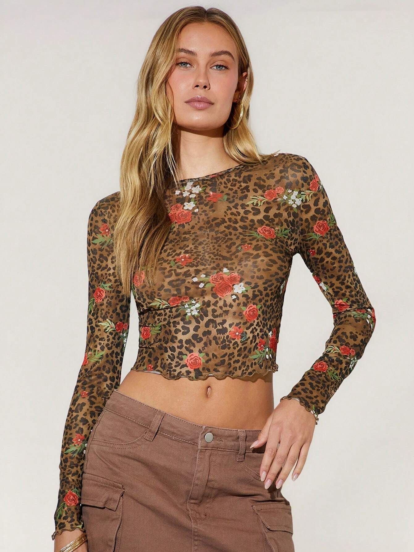 Leopard Floral Mesh Round Neck Long Sleeve T-Shirt