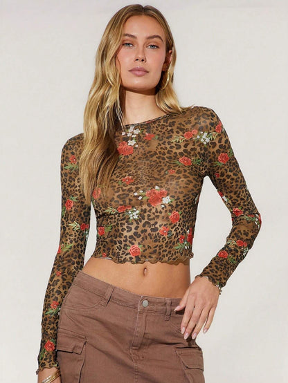 Leopard Floral Mesh Round Neck Long Sleeve T-Shirt